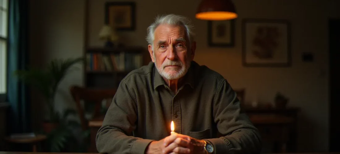 Homme âgé méditatif assis à une table en bois, éclairé par une bougie, évoquant la réflexion sur le medium et l'avis scientifique