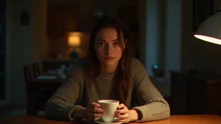 Une femme seule à sa table de cuisine la nuit, absorbée dans ses pensées, évoquant l'univers du medium avis serie à travers une atmosphère intime et surnaturelle
