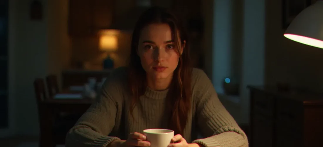 Une femme seule à sa table de cuisine la nuit, absorbée dans ses pensées, évoquant l'univers du medium avis serie à travers une atmosphère intime et surnaturelle