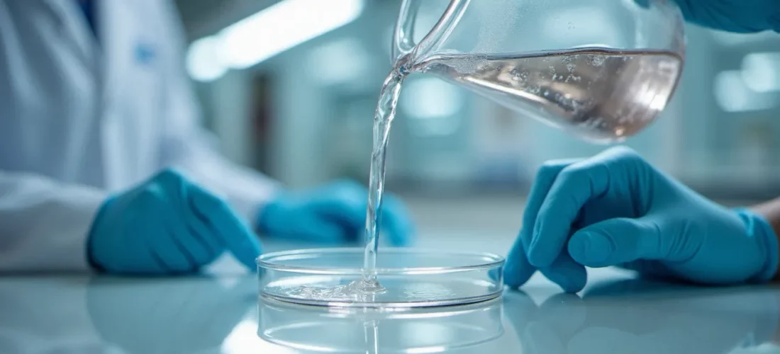 Mains gantées versant un milieu de culture liquide dans une boîte de Petri en laboratoire, illustrant le medium biology meaning