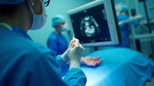 Un radiologue réalisant un medium biopsy test sous guidage échographique dans une salle d'imagerie interventionnelle