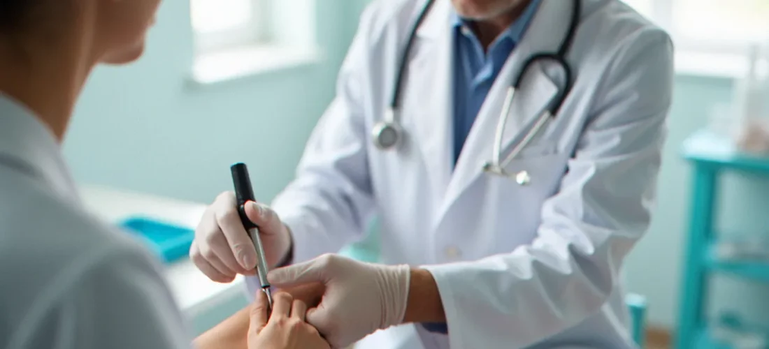 Un médecin en blouse blanche réalisant un medium biopsy test sur l'avant-bras d'un patient dans un cabinet médical lumineux et professionnel