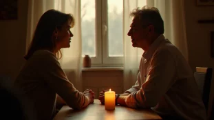 Une femme en séance de consultation avec un médium dans une pièce chaleureuse éclairée à la bougie, illustrant comment ca marche une séance médiumnique