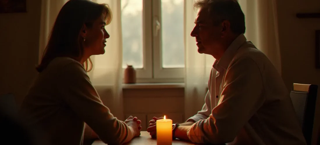 Une femme en séance de consultation avec un médium dans une pièce chaleureuse éclairée à la bougie, illustrant comment ca marche une séance médiumnique