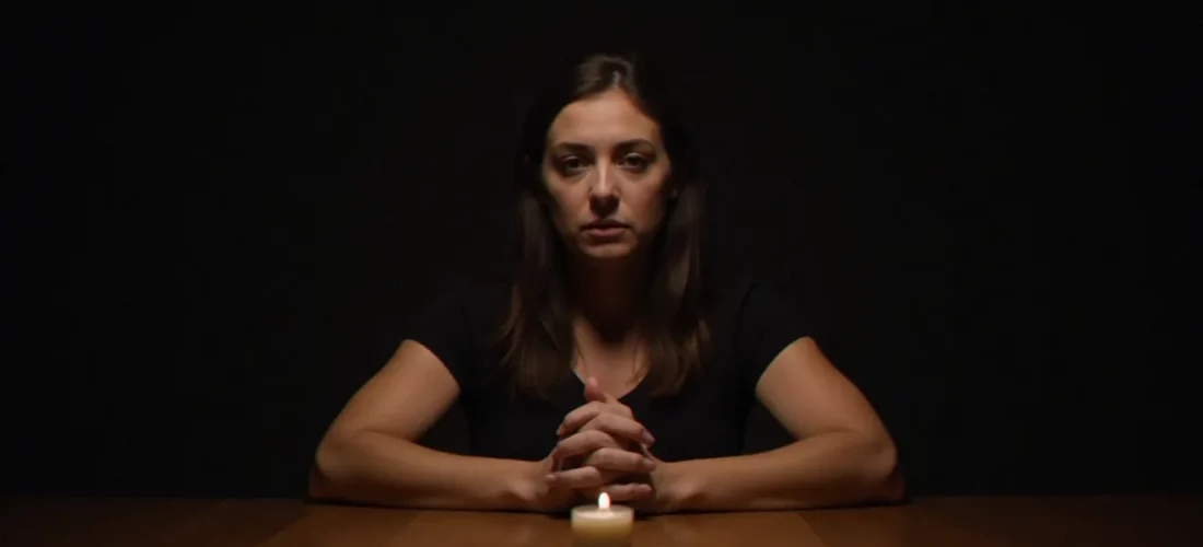 Femme seule à une table à la lumière d'une bougie, illustrant la vulnérabilité face à un medium et la nécessité de se protéger