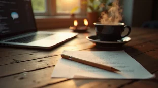 Bureau en bois usé avec un ordinateur portable affichant une icône de bulle de dialogue symbolisant les medium comments, une tasse de café et une bougie allumée