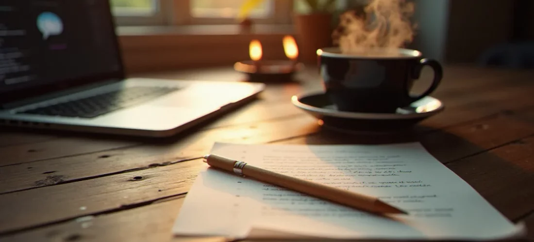 Bureau en bois usé avec un ordinateur portable affichant une icône de bulle de dialogue symbolisant les medium comments, une tasse de café et une bougie allumée