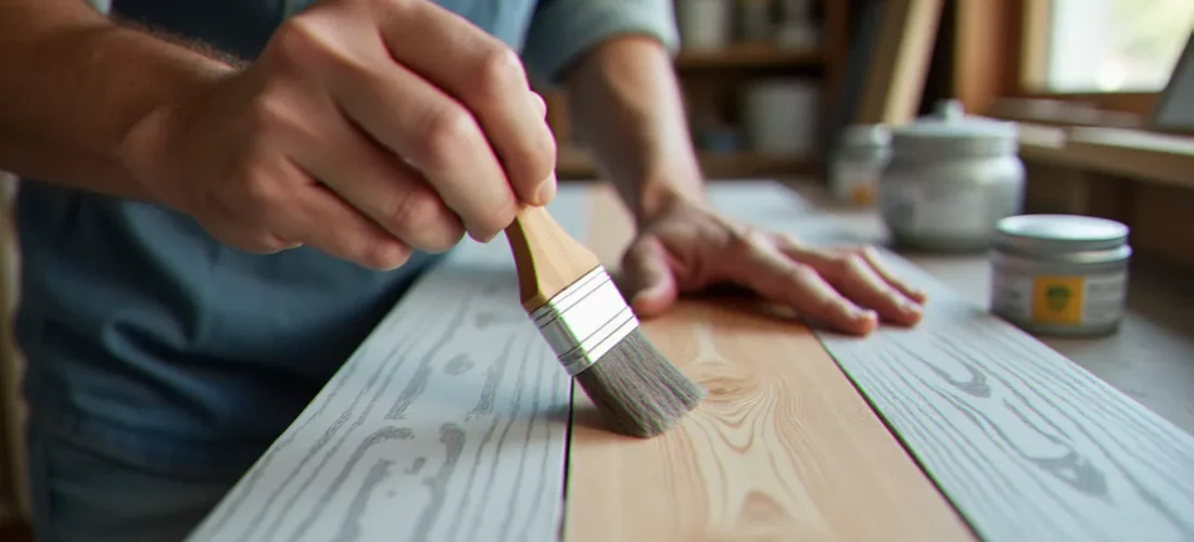 Application de medium effet bois sur un meuble avec un pinceau plat, créant des veines naturelles sur une surface peinte en gris dans un atelier lumineux
