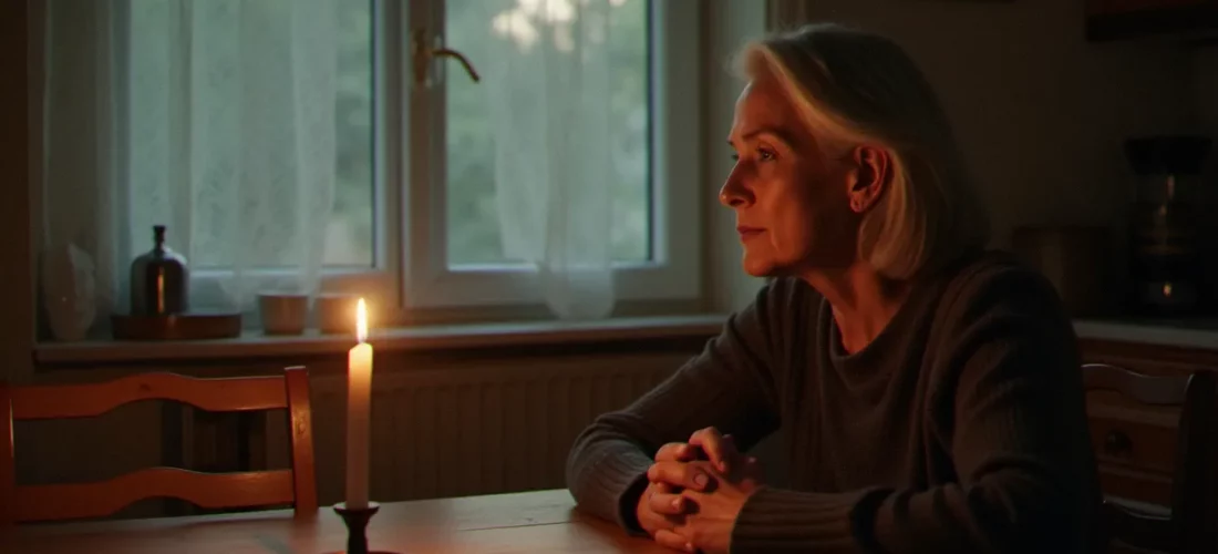 Une femme seule en recueillement devant une bougie, symbole de la quête spirituelle liée au phénomène medium France 2025