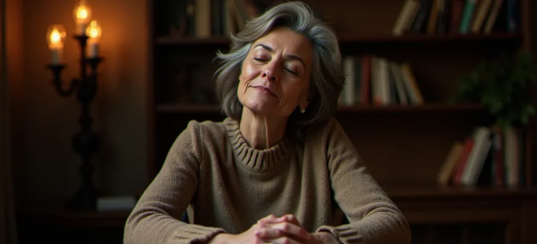 Une femme recueillie lors d'une séance de médiumnité en France, illustrant la recherche spirituelle autour des medium France connue