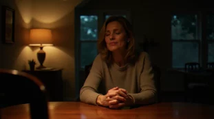 Femme concentrée à une table de cuisine éclairée par une lampe douce, évoquant l'atmosphère intime du medium meilleur épisode de la série télévisée