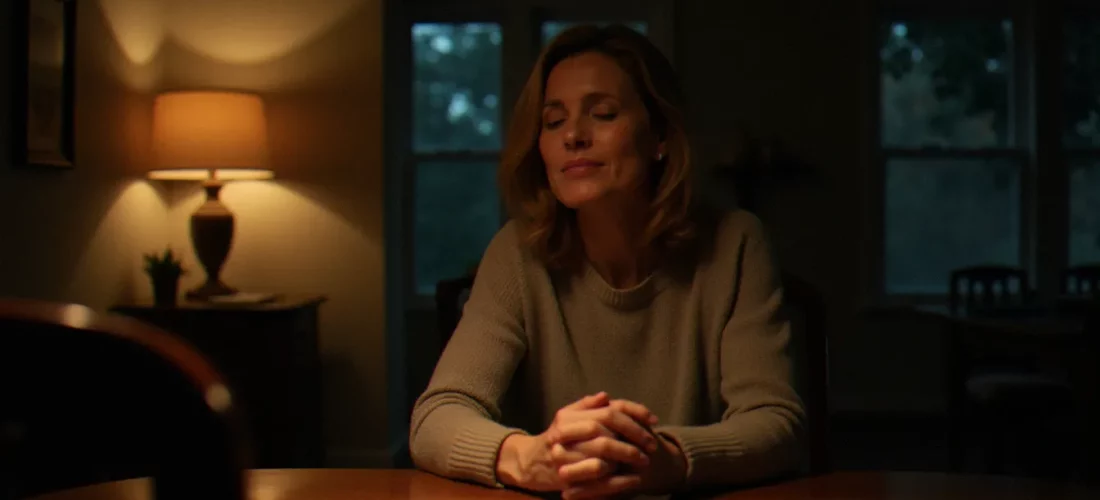Femme concentrée à une table de cuisine éclairée par une lampe douce, évoquant l'atmosphère intime du medium meilleur épisode de la série télévisée