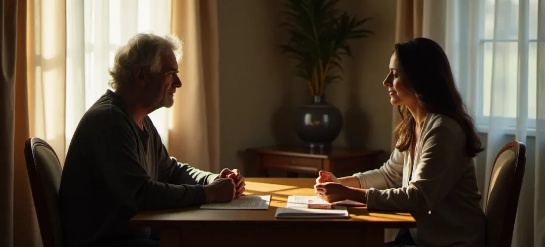 Consultation entre deux personnes dans un cadre sobre et chaleureux, illustrant la recherche d'un medium meilleur dans un contexte de discernement et de dialogue