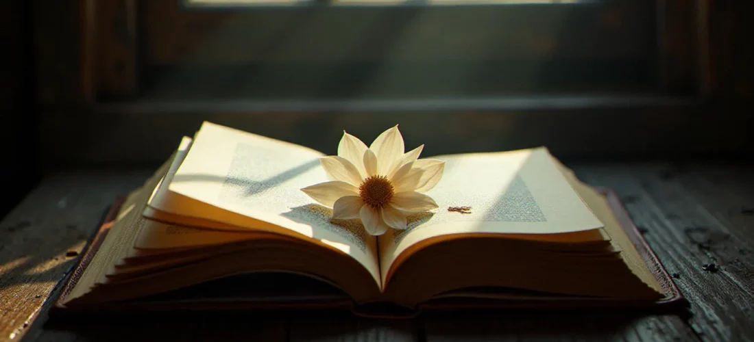 Un vieux livre relié en cuir ouvert sur une table en bois baigné de lumière matinale, symbole de la quête du medium meilleur livre
