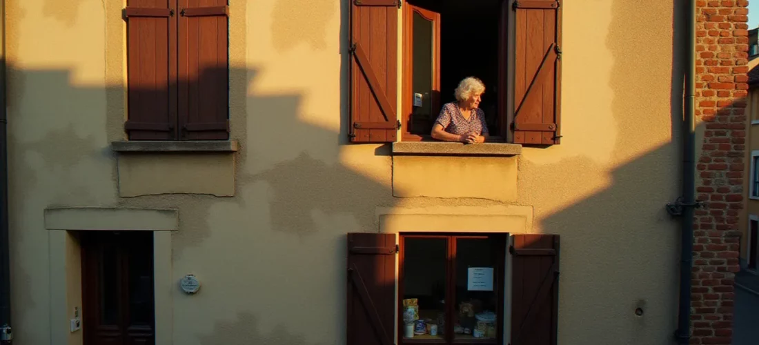 Immeuble résidentiel français avec une femme âgée à la fenêtre au coucher du soleil, illustrant la réalité humaine du medium prix m2 dans une ville française