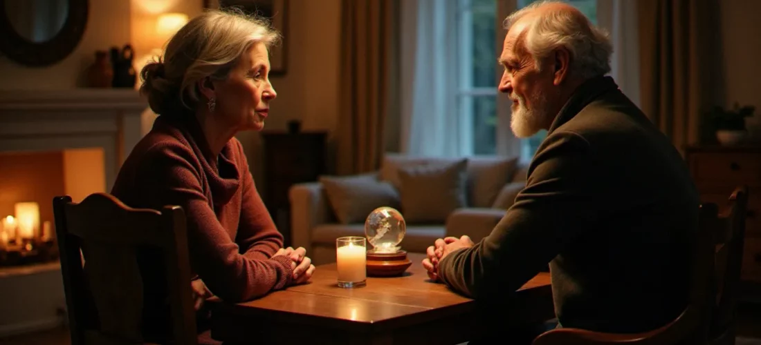 Une femme âgée et un homme discutent calmement autour d'une table en bois, sans carte bancaire ni dispositif commercial visible, illustrant une consultation medium sans CB