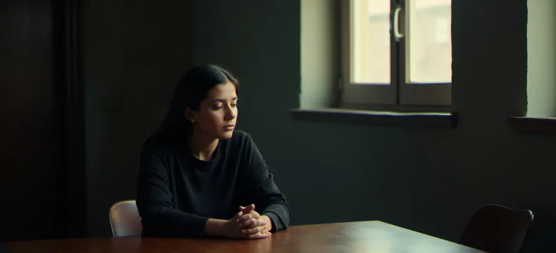 Un medium sans support assis les mains vides devant une table en bois, les yeux fermés dans un moment de recueillement intérieur