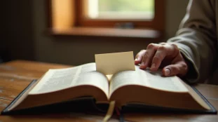 Une main posée sur une Bible ouverte avec une petite carte glissée entre les pages, symbole d'un mot spirituel offert