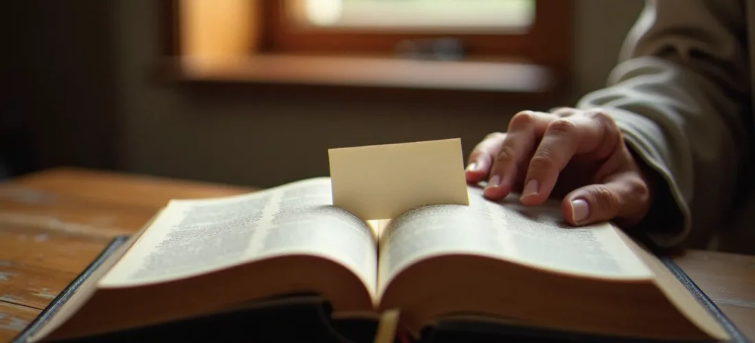 Une main posée sur une Bible ouverte avec une petite carte glissée entre les pages, symbole d'un mot spirituel offert