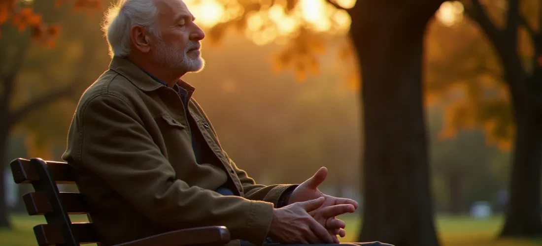 Homme âgé en méditation silencieuse dans un parc à la lumière du soir, illustrant la notion spiritualité comme quête intérieure ordinaire
