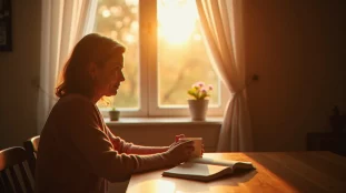 Une femme assise près d'une fenêtre à l'aube, en moment de silence, illustrant le quotidien d'une personne spirituel