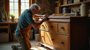Artisan en cours de restauration d'une commode ancienne en bois, dans un atelier d'insertion sociale éclairé à la lumière naturelle, illustrant la promotion sociale par la restauration de meubles