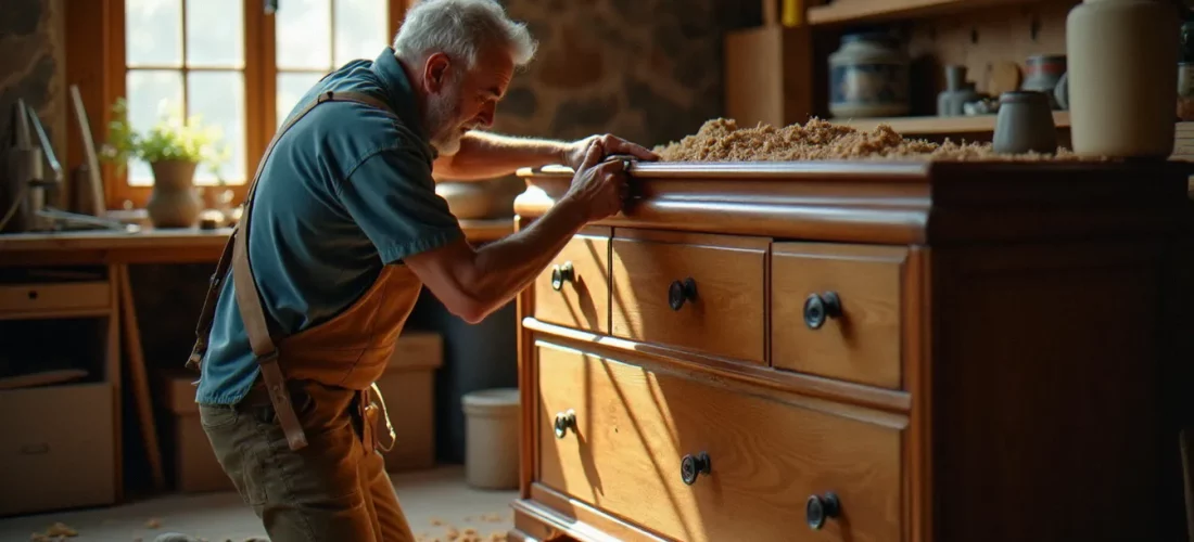 Artisan en cours de restauration d'une commode ancienne en bois, dans un atelier d'insertion sociale éclairé à la lumière naturelle, illustrant la promotion sociale par la restauration de meubles