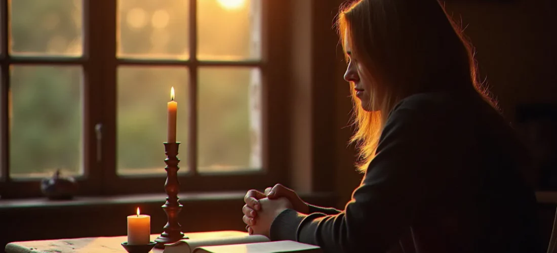 Personne en recueillement spirituel le matin, les mains posées sur une table en bois, une bougie allumée et un livre ouvert, lumière dorée de l'aube