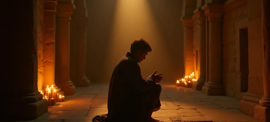 Une personne en prière silencieuse dans une chapelle ancienne, illustrant la démarche intime de conversion religieuse