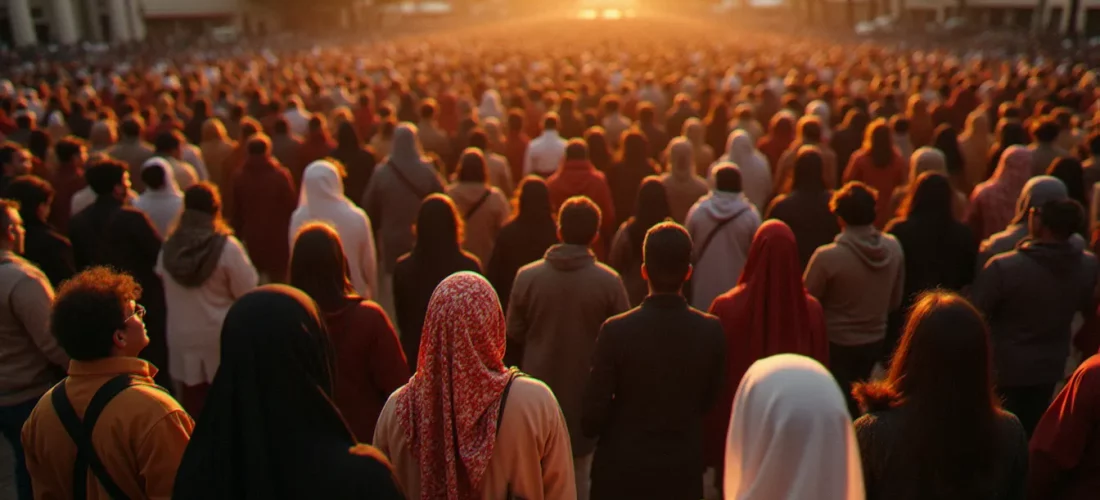Une foule immense et diverse rassemblant des croyants de différentes religions du monde, symbolisant la religion avec le plus de croyant et la pluralité des foi humaines