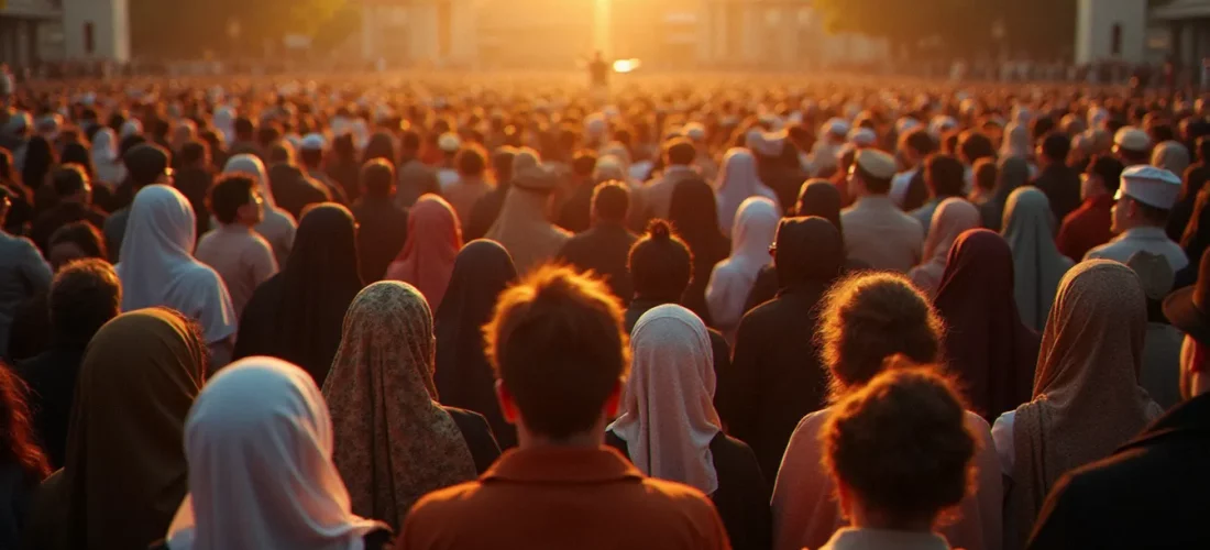 Foule de fidèles de différentes religions rassemblés sur une place publique au coucher du soleil, illustrant la diversité des religions avec le plus de fidèles dans le monde