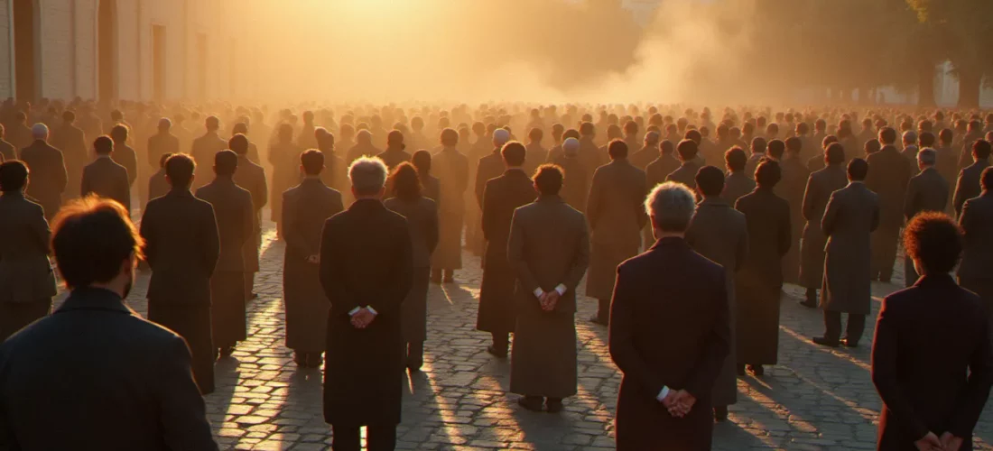 Foule diverse et silencieuse rassemblée en prière au lever du soleil sur une place de pierre, représentant l'universalité de la religion avec le plus de pratiquants dans le monde