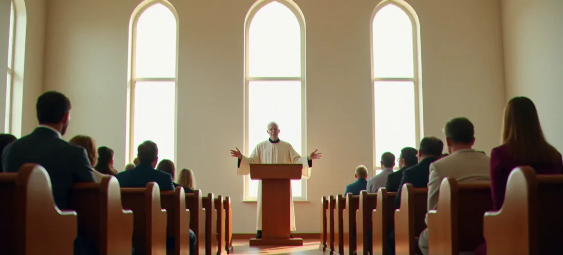 Un pasteur protestant prêchant depuis une chaire en bois dans une église sobre et lumineuse, illustrant la religion avec pasteur