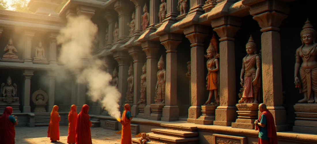 Temple polythéiste avec statues de plusieurs divinités représentant une religion avec plusieurs dieux, fidèles en prière au coucher du soleil