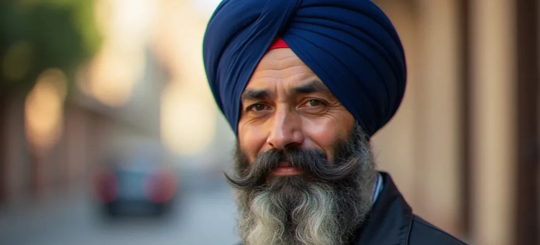 Portrait d'un homme sikh portant un turban bleu noué, symbole de la religion avec turban dans la tradition sikhiste