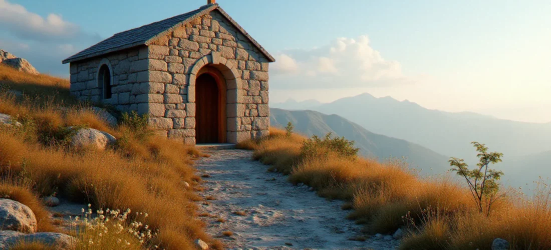 Une chapelle de pierre ancienne éclairée par la lumière dorée du coucher de soleil, symbole de la religion avec un seul dieu à travers les siècles
