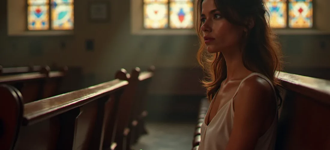 Une femme en recueillement dans une église ancienne, lumière tamisée à travers des vitraux colorés, illustrant la quête spirituelle liée à la religion et aux avis sur les traditions religieuses