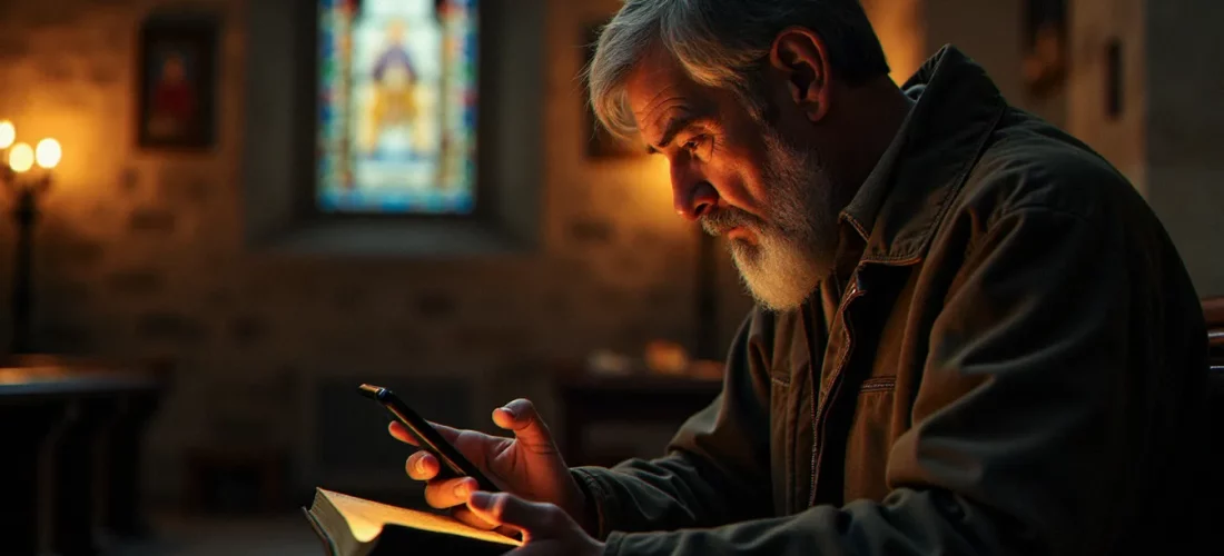 Un homme en prière dans une église ancienne tenant une Bible et un smartphone, illustrant la tension entre religion, bio data et vie spirituelle contemporaine