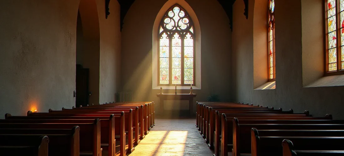 Intérieur d'une église de campagne française en 2024, lumière matinale traversant les vitraux, illustrant la religion en France aujourd'hui
