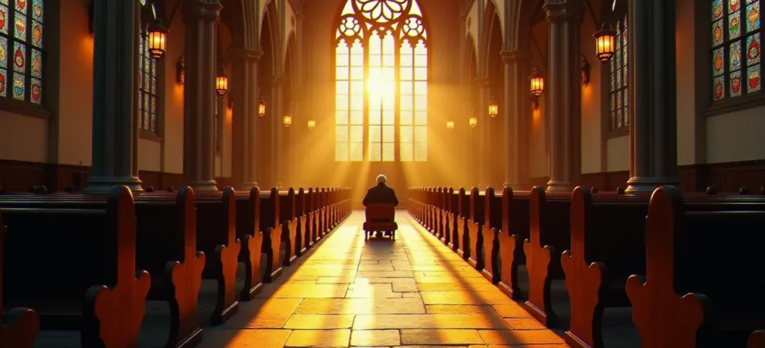 Intérieur d'une cathédrale gothique française baignée de lumière matinale, illustrant la religion en France en 2025