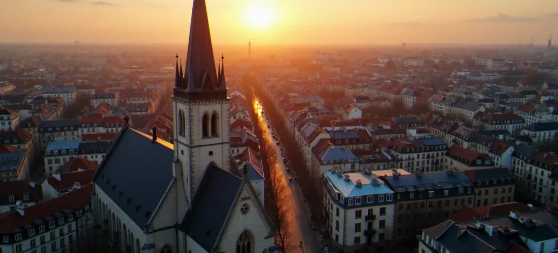 Vue aérienne d'une ville française au crépuscule avec un clocher d'église entouré d'immeubles modernes, illustrant la religion en France à l'horizon 2050