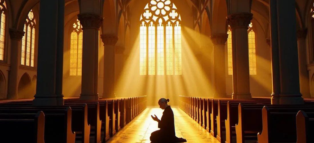 Intérieur d'une cathédrale française au coucher du soleil avec une fidèle en prière, illustrant la pratique religieuse en France et les pourcentages de croyants
