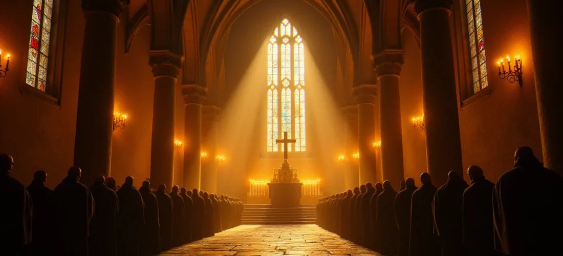 Intérieur d'une cathédrale ancienne éclairée à la bougie avec des moines en prière, illustrant le rôle de la religion comme guide fondateur dans la construction d'une civilisation selon Civ 5