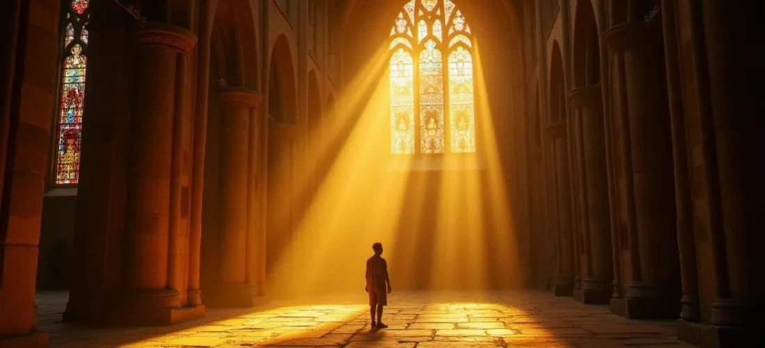 Intérieur lumineux d'une cathédrale médiévale avec un personnage solitaire contemplant la voûte, illustrant la dimension spirituelle du religion guide Civ 6