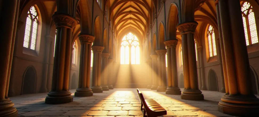 Intérieur d'une cathédrale ancienne baigné de lumière dorée, illustrant la puissance de la religion comme force civilisationnelle dans un guide Civ 7