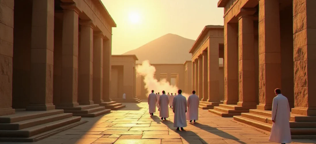 Temple antique avec colonnes de pierre et procession de prêtres sous la lumière dorée, illustrant le rôle de la religion guide old world dans les civilisations anciennes