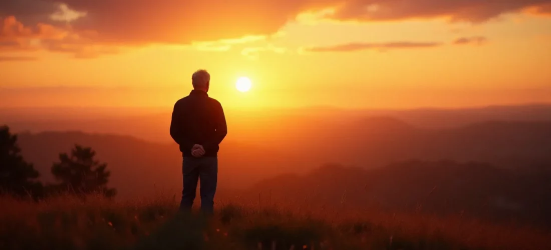 Un homme seul contemplant le ciel au crépuscule dans la campagne française, évoquant la quête intérieure au cœur de la religion naturelle en philosophie