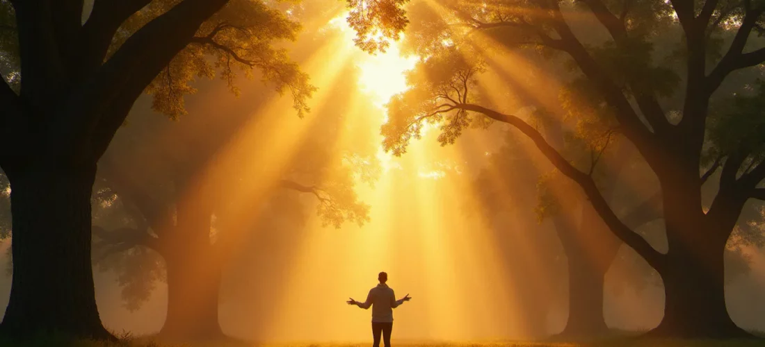 Silhouette d'une personne en contemplation au seuil d'une forêt à l'aube, illustrant la quête de sens au cœur de la religion naturelle définition