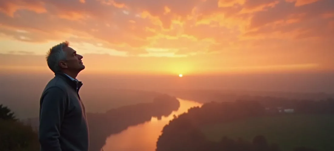 Un homme contemple le ciel doré au-dessus de la vallée de la Loire, incarnation d'un exemple de religion naturelle fondé sur la contemplation du monde