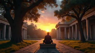 Philosophe méditatif contemplant le ciel étoilé dans un jardin classique, symbole de la religion naturelle et de la quête philosophique du sacré par la raison
